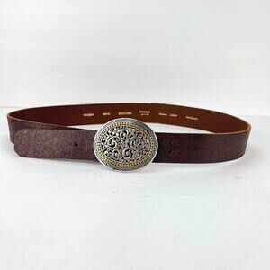 FOSSIL Genuine Tooled Leather Belt Brown Rhinestones Buckle Women's Medium